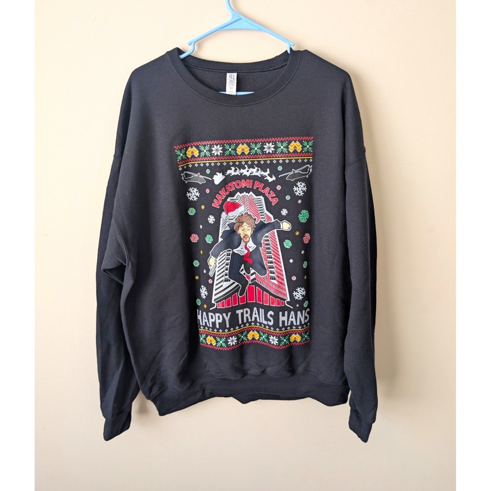 JERZEES Nublend Black Crewneck Sweatshirt Christmas Mens L Nakatomi Hans Gruber